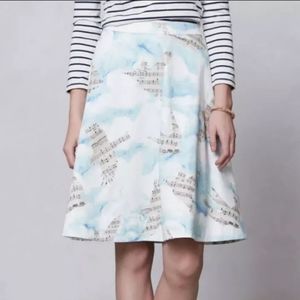 Anthropologie White and Light Blue Musical-Print A-Line Skirt